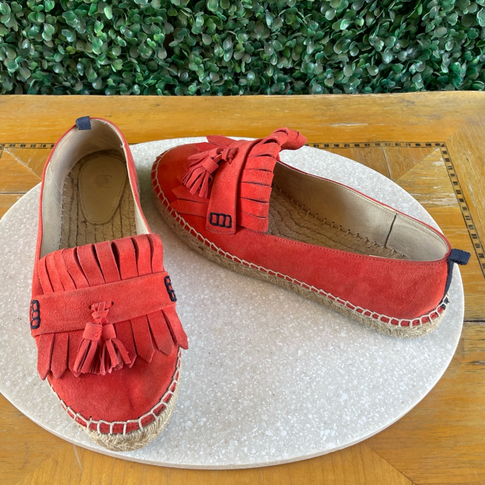 Boden Red-Orange Suede Preppy Tassel Loafer Espadrille Flats Size 38